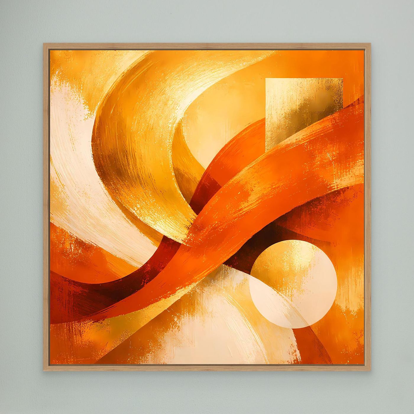 Abstraktes Leinwandbild im weißen Rahmen: goldene Wellen und Kreisformen in warmem Orange.