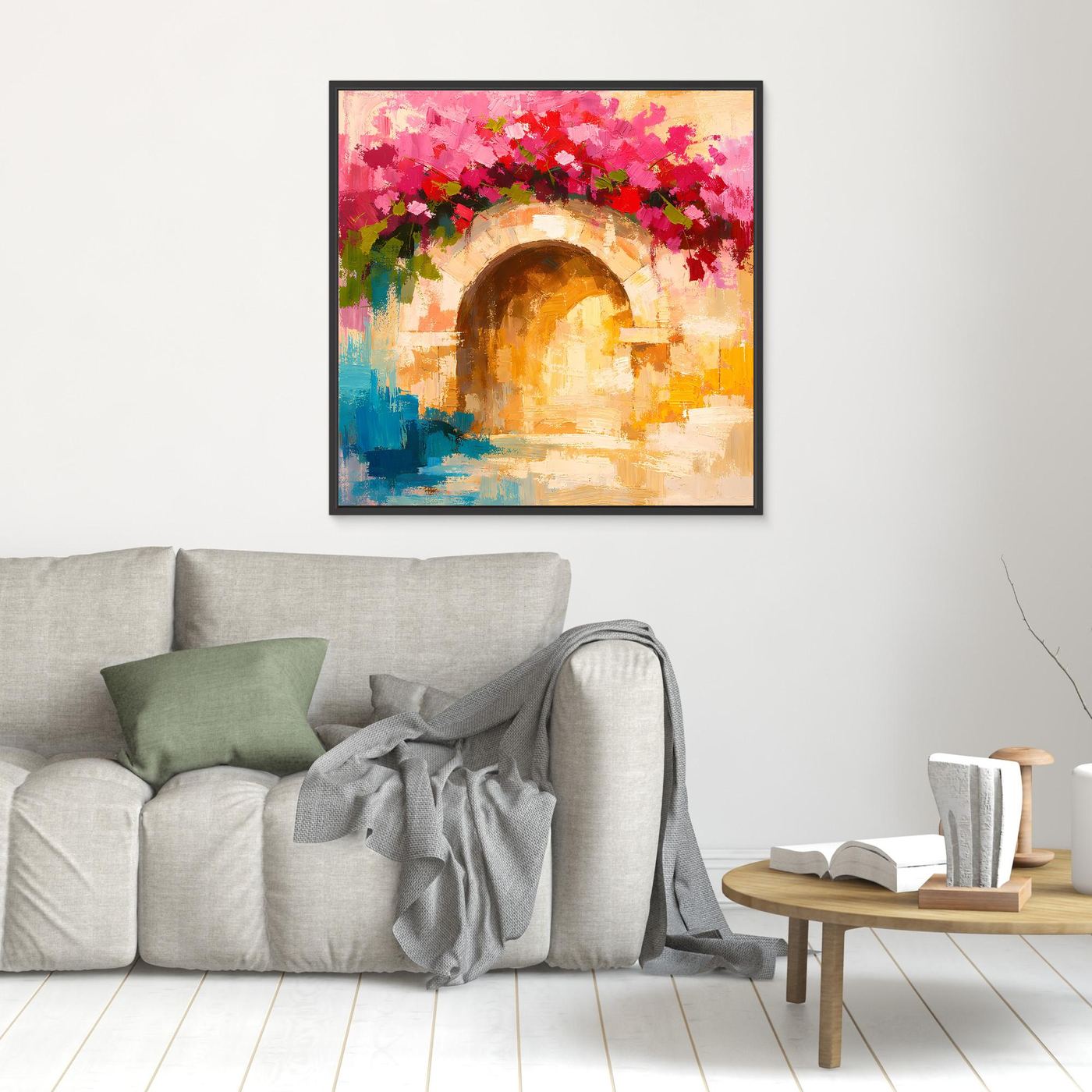 Leinwand Abstrakter Torbogen mit Bougainvillea | Modernes Mediterranes Wandbild Italien