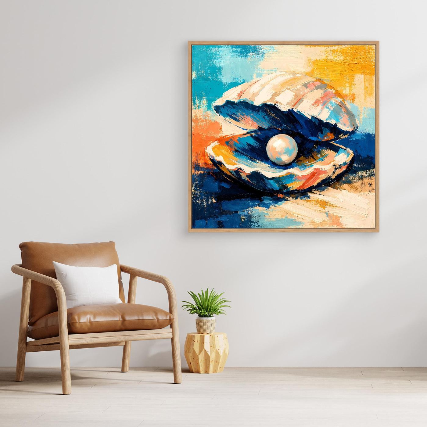 Abstract seashell canvas wall art with pearl, blue and white strokes, light wood frame