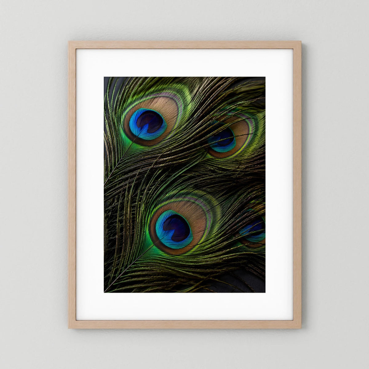 Gerahmtes Hochformat-Poster mit Pfauenfedern: grüne Schwingen mit blauen Augen, beiger Holzrahmen.