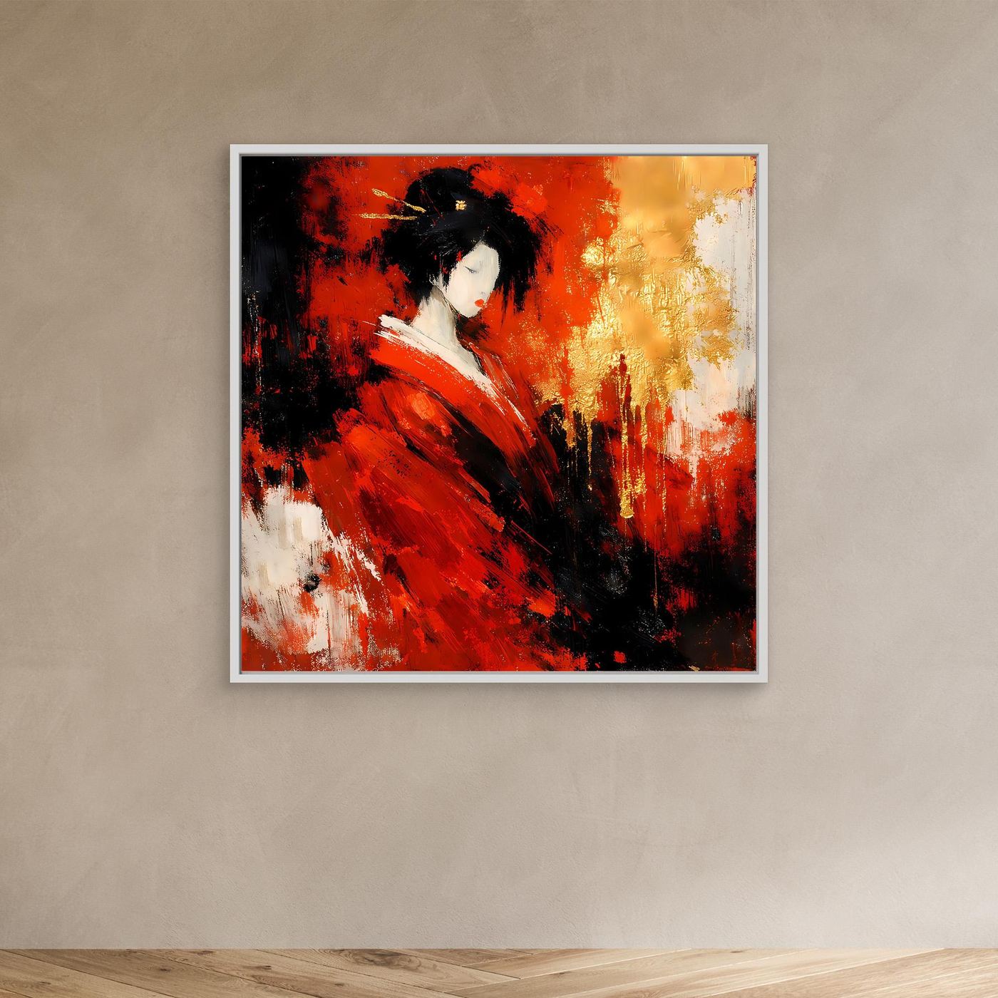 Leinwand Elegante Geisha im Roten Kimono | Abstraktes Asiatisches Wandbild Moderne Kunst