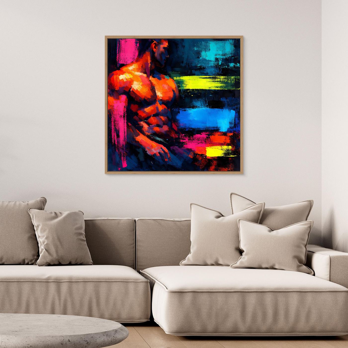 Leinwandbild Abstrakter Männlicher Torso | Moderner Neon-Kunst Wandbild auf echtem Holzkeilrahmen