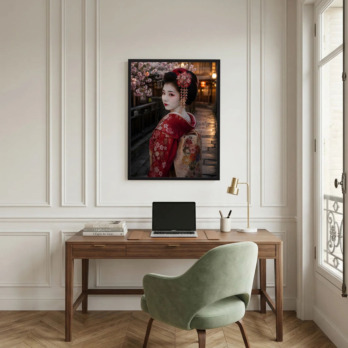 Poster mit japanischer Geisha im roten Kimono, Kirschblüten, schwarze Einfassung