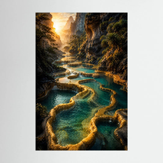 Poster im Hochformat mit schwarzem Rahmen: türkisfarbene Wasserterrassen in Felslandschaft.