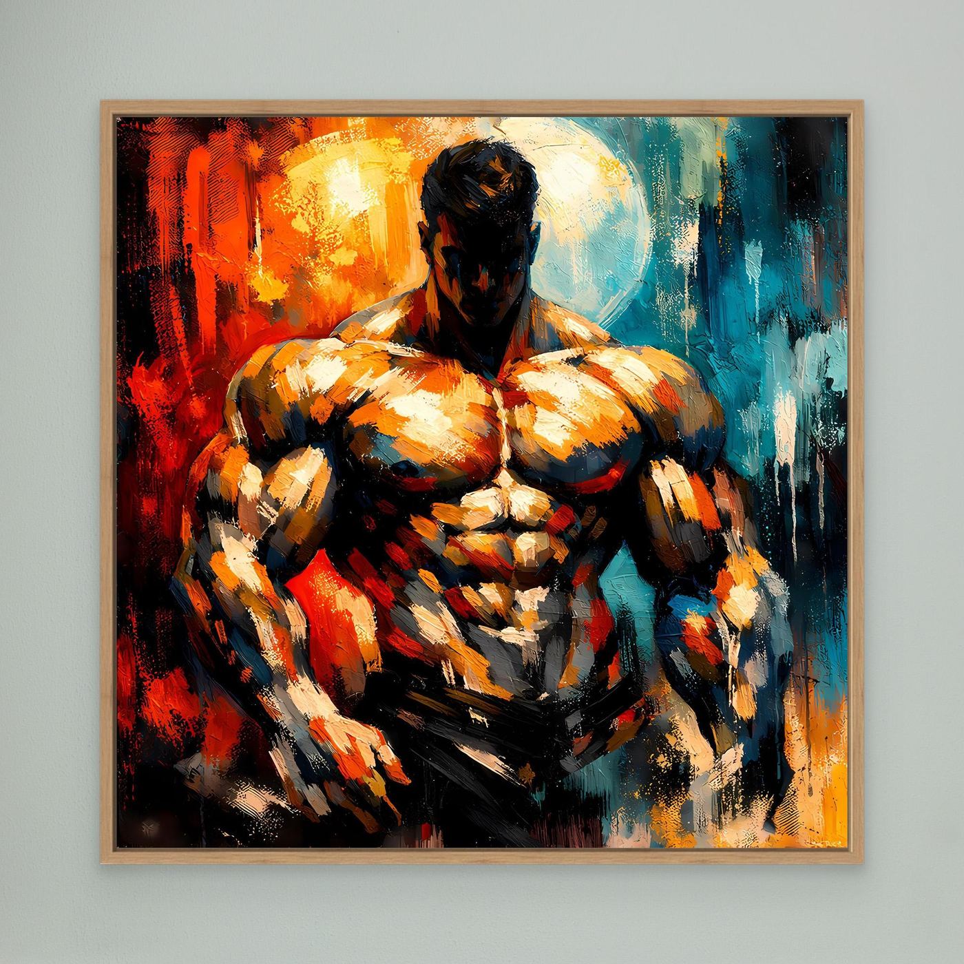 Leinwandbild mit abstraktem Bodybuilder, orange-blau, Eichenrahmen