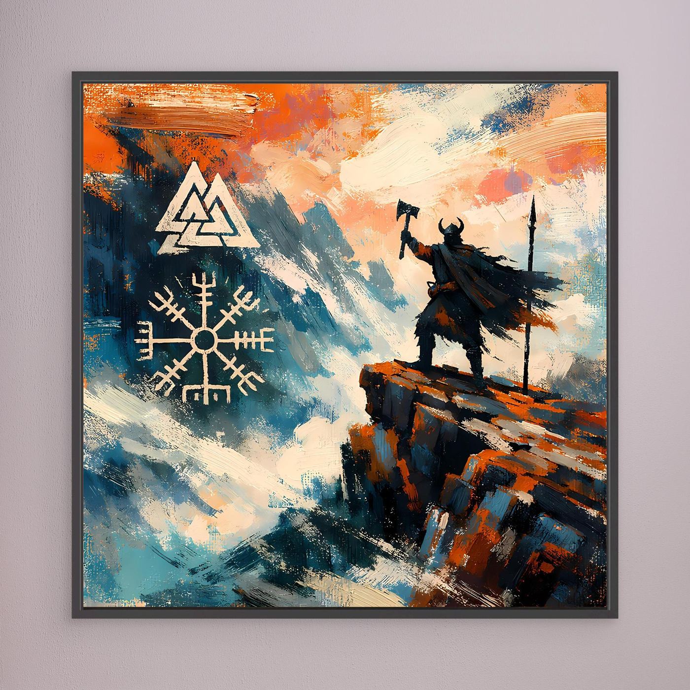 Schwarz gerahmtes abstraktes Leinwand-Wandbild mit Vegvisir-Symbol und Wikingerkrieger