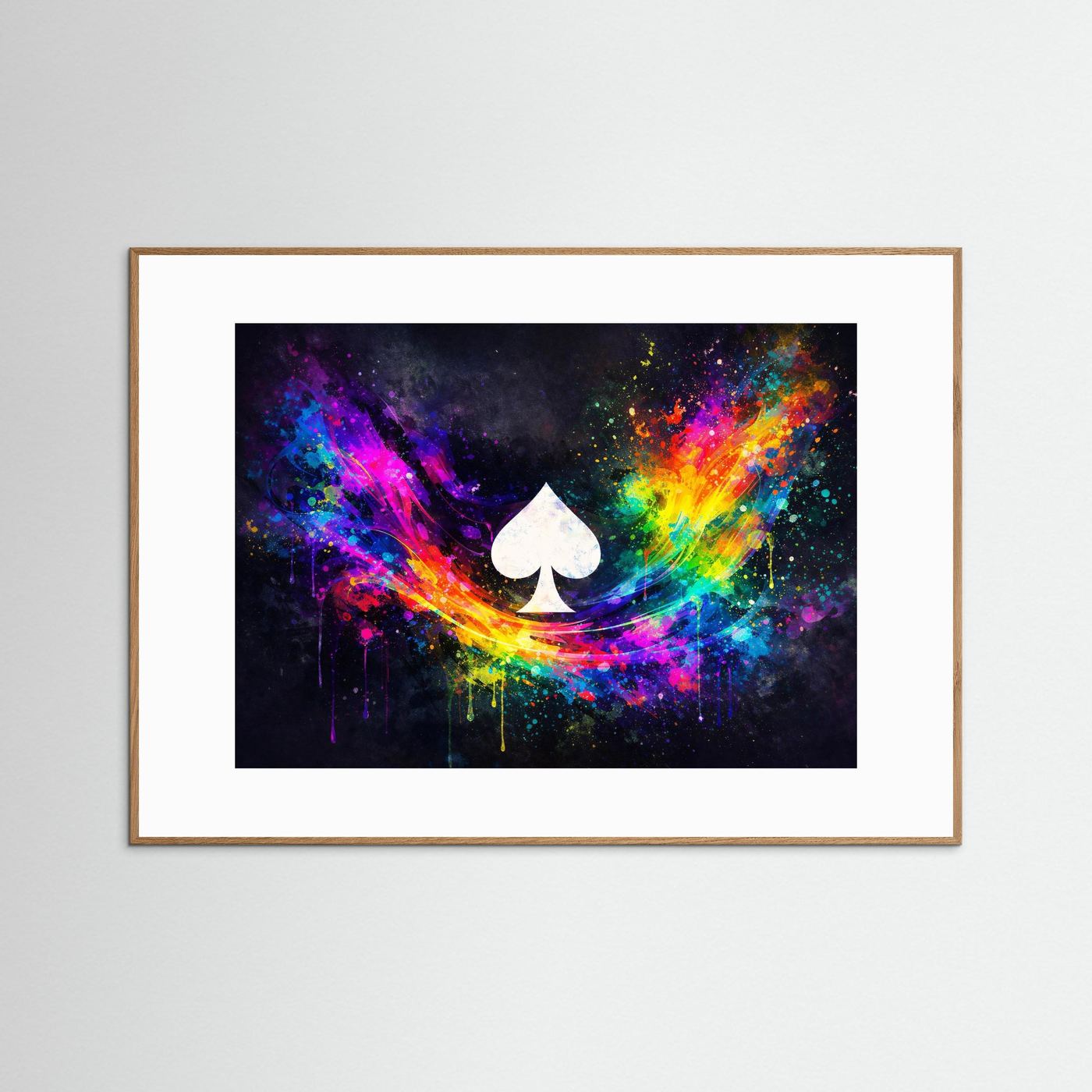 Wandposter mit Pik‑Symbol, abstrakte Neonfarben, hellbrauner Holzrahmen