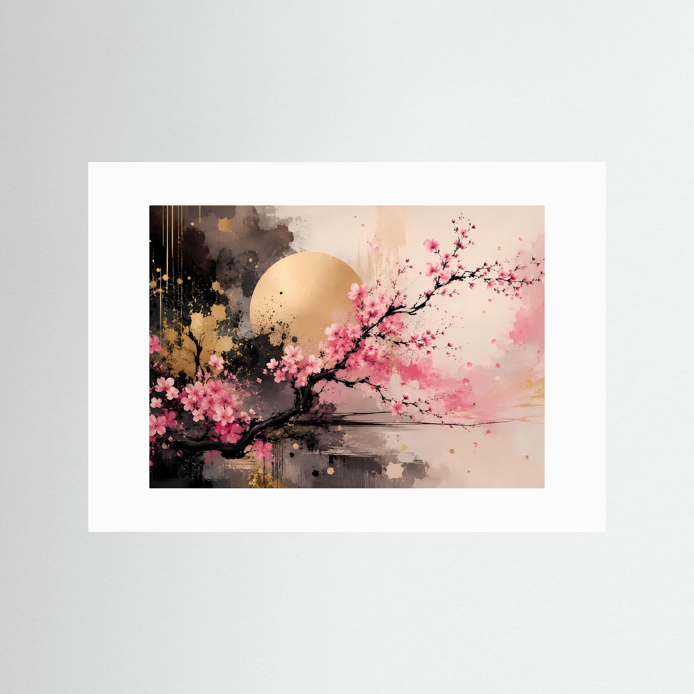 Kirschblüten Poster | Japanische Sakura Wandkunst | Moderne Abstrakte Zen Kunst mit Gold | Elegantes Wandbild