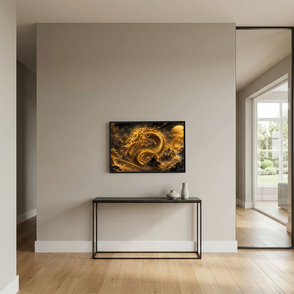 Wandposter mit goldenem Drachen über Tempelbergen, dunklem Hintergrund im schwarzen Rahmen