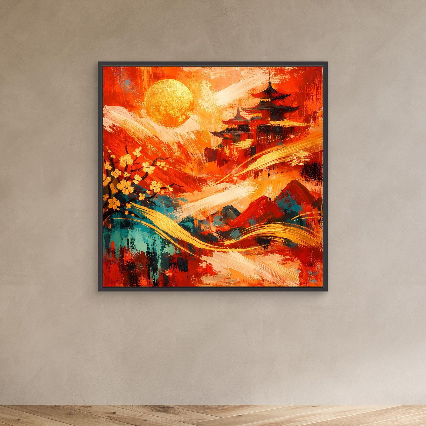 Abstraktes Leinwandbild: Pagode, Sonne und Blüten in Rot, schwarzer Rahmen