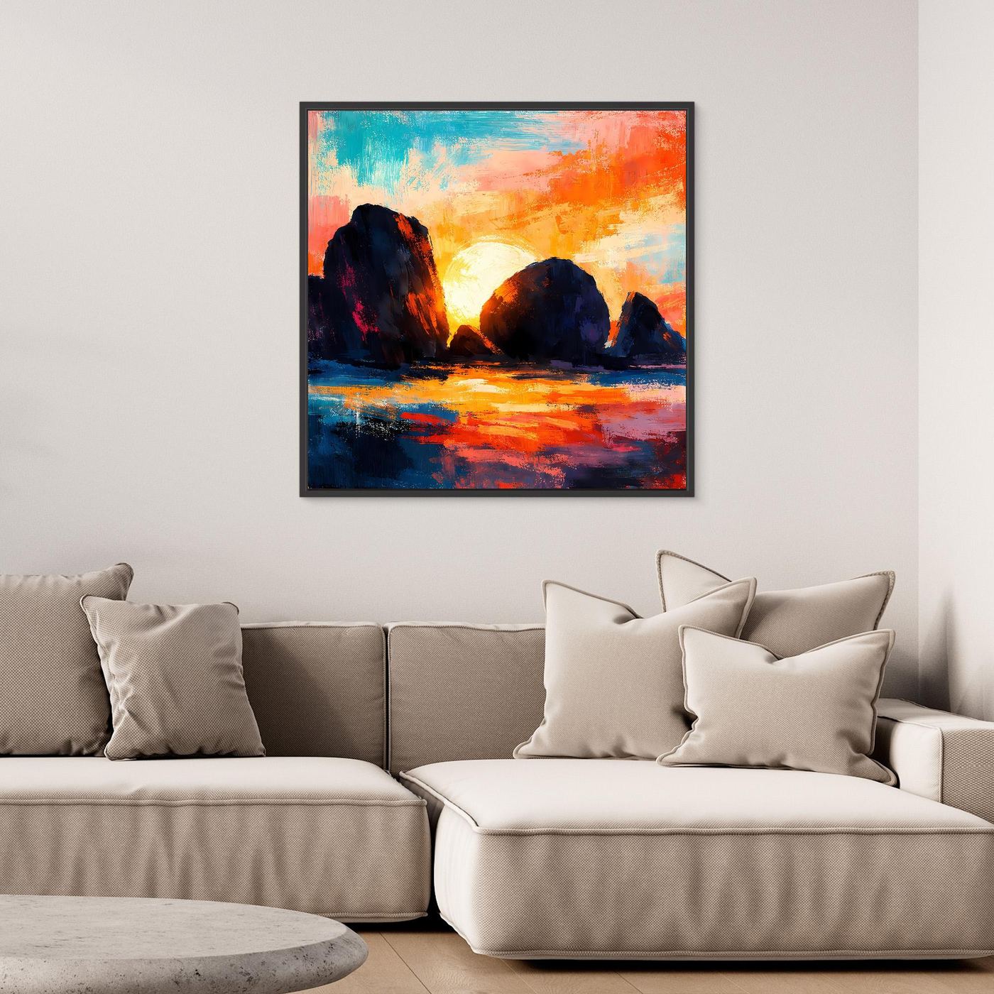 Abstraktes Leinwand-Wandbild mit Sonnenuntergang am Meer, mit schwarzem Rahmen