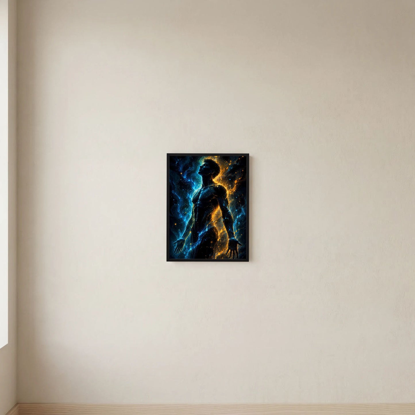 Hochformatposter mit männlicher Silhouette in Blau und Gold, zentriert, schwarzer Rahmen