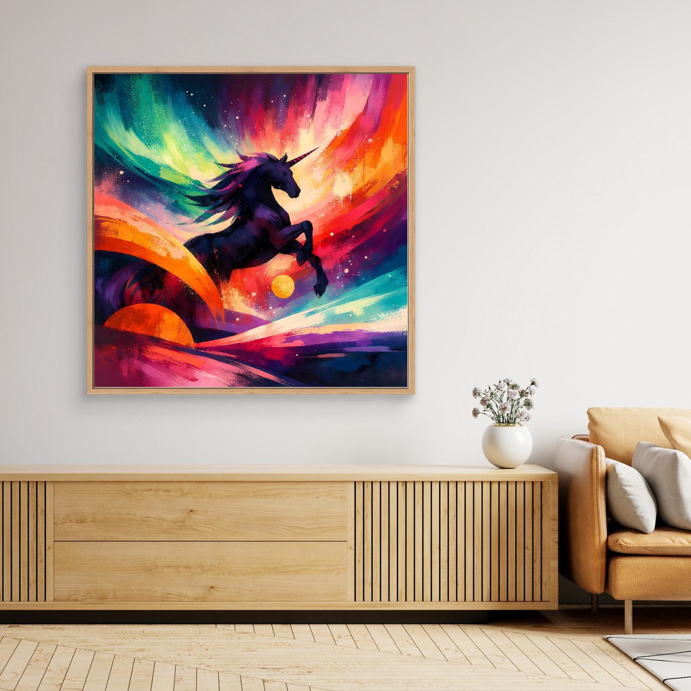 Gerahmtes Leinwandbild mit Einhorn vor farbigem Himmel, abstrakte Regenbogenfantasy