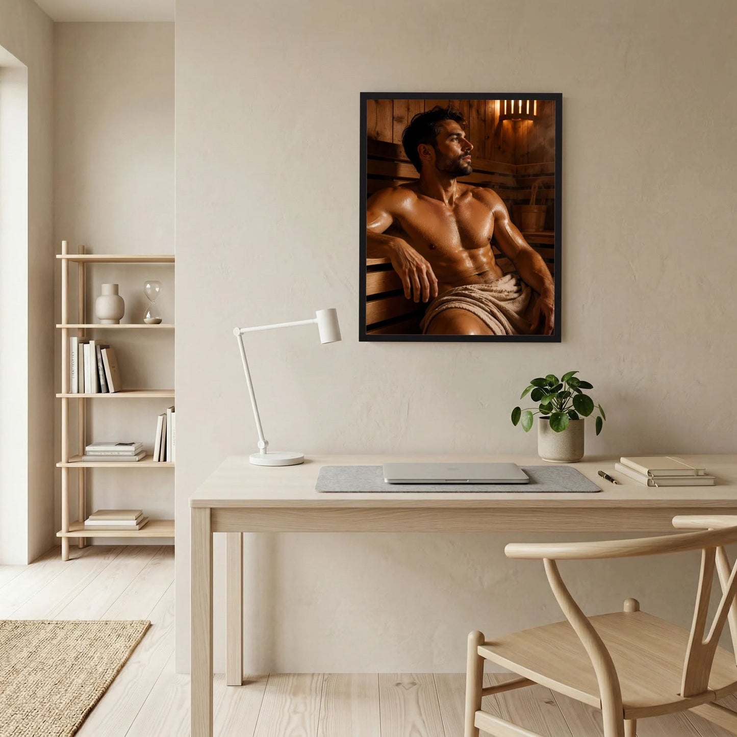 Sauna-Wandposter im Hochformat mit schwarzem Rahmen: Mann in der Sauna, nackter Oberkörper