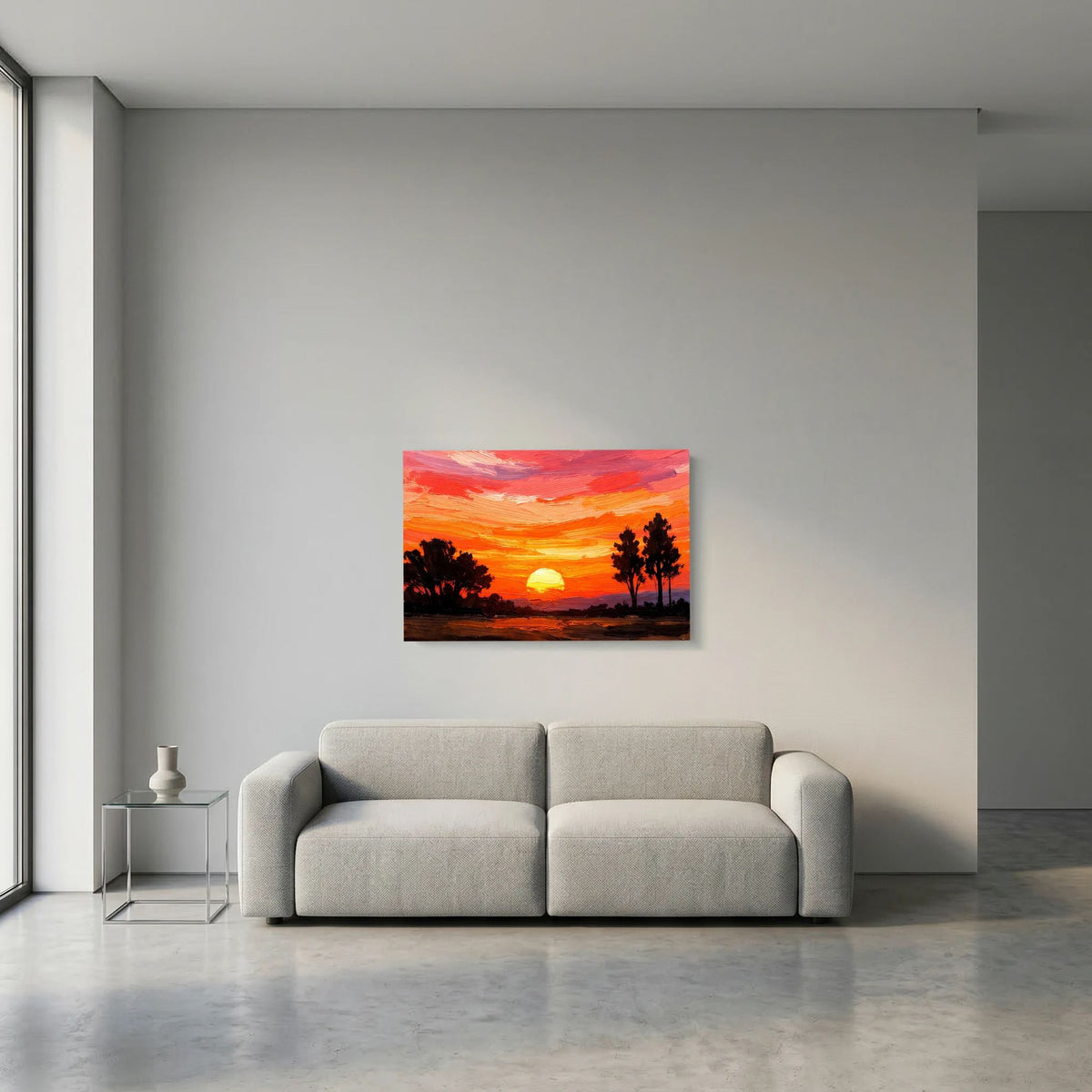 Acryl-Kunstwerk im Querformat am Sofa: orange-roter Sonnenuntergang mit Bäumen