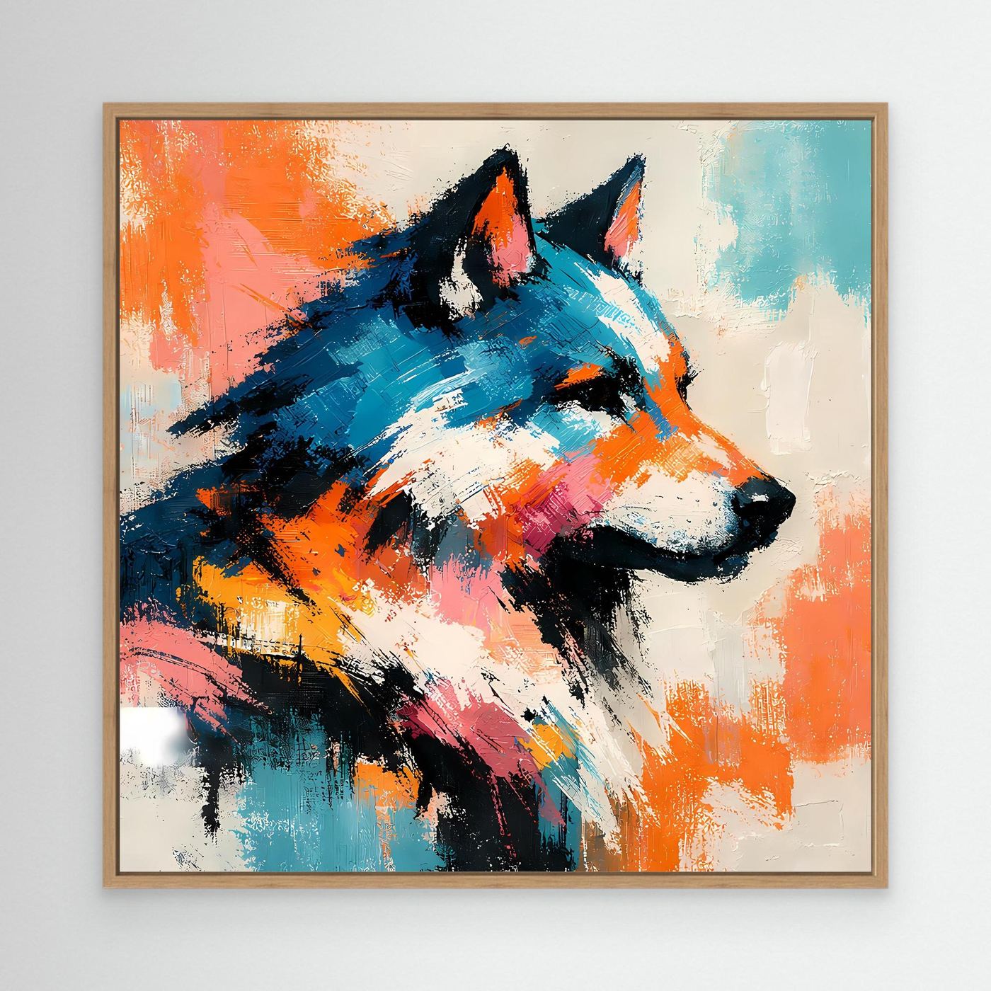 Leinwand-Wandbild mit abstraktem Wolf in Pop-Art, orange-blau, Eichenrahmen