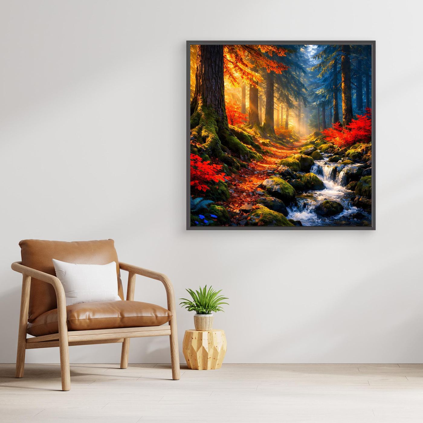 Wandbild Wald am Bachlauf im goldenen Herbst mit dunkelgrauem Rahmen, Fluss im Vordergrund