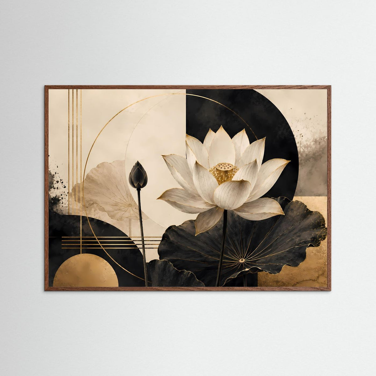 Abstraktes Lotusblüten-Poster im dunklen Eichenrahmen: weiße Blüte, Schwarz und Gold