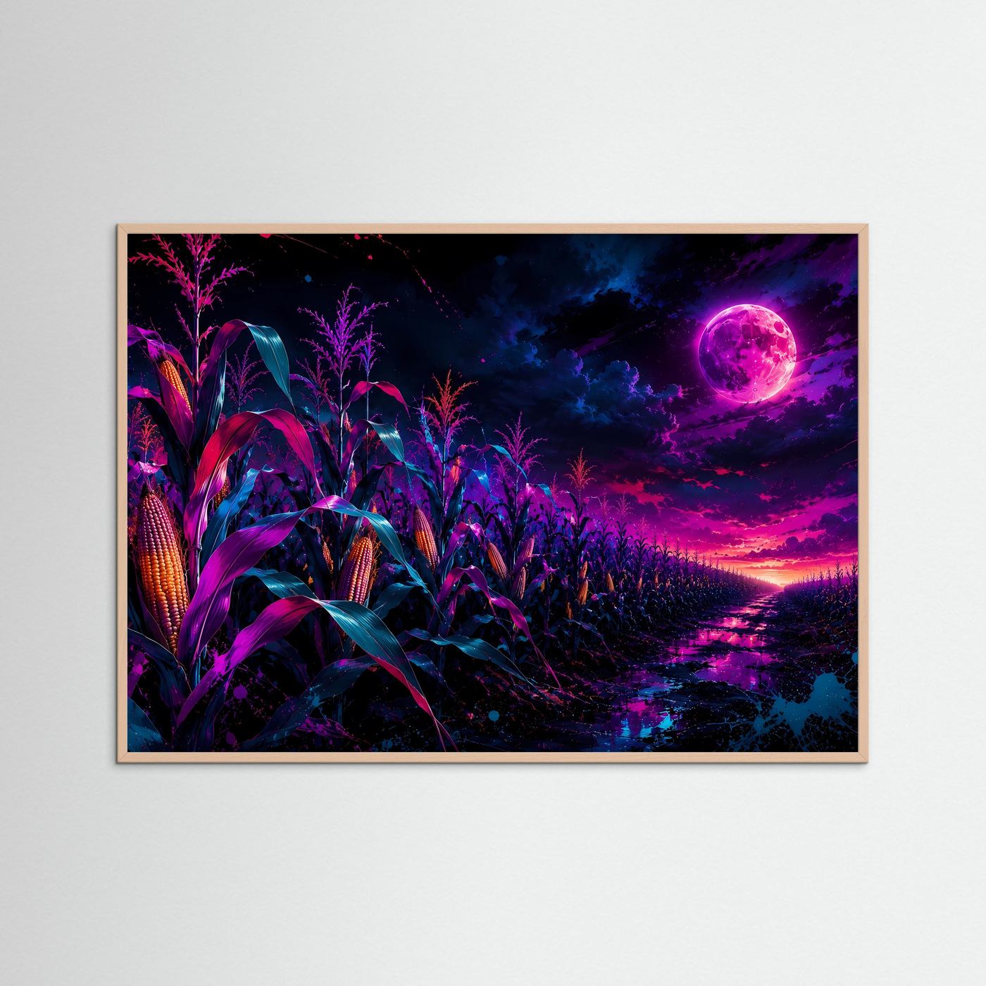 Neon-Maisfeld bei Vollmond | Mystische Fantasy-Landschaft in Pink, Lila & Blau
