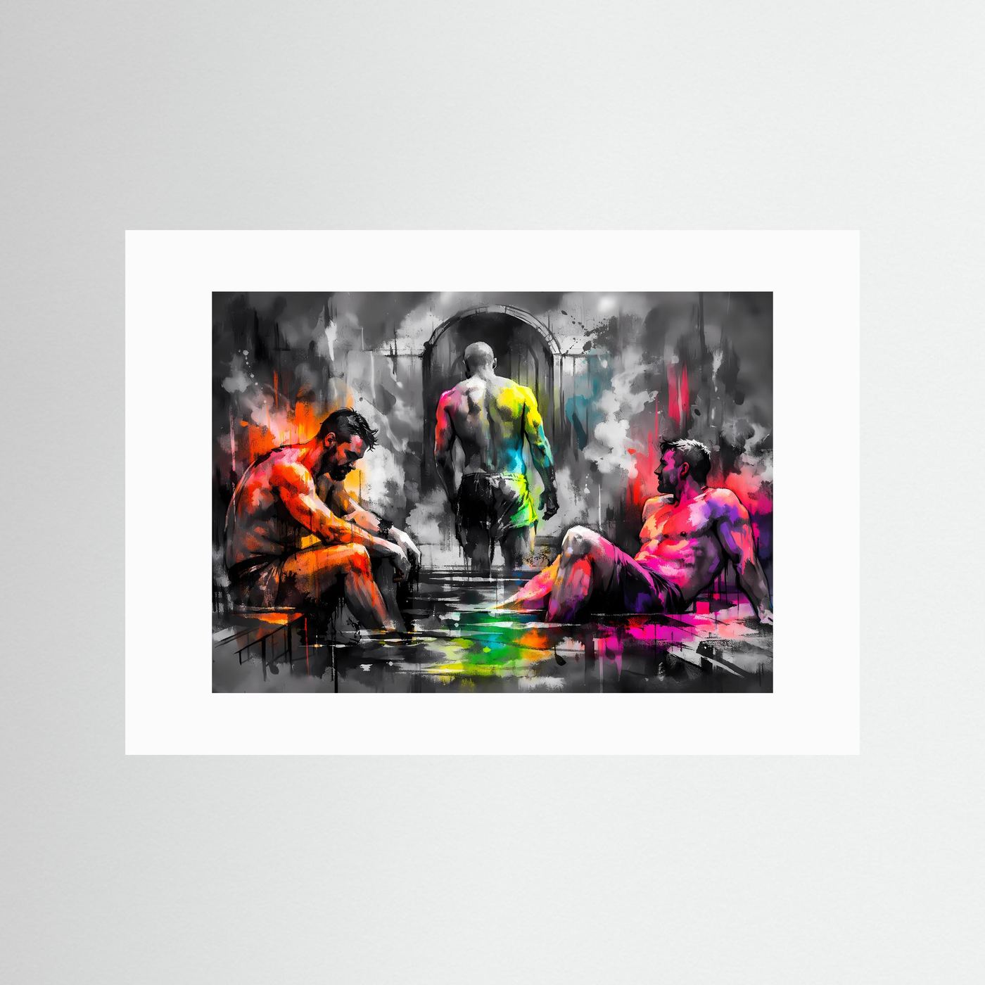 Querformat-Poster mit abstrakten Figuren in Orange, Pink und Gelb, mit weißem Rand