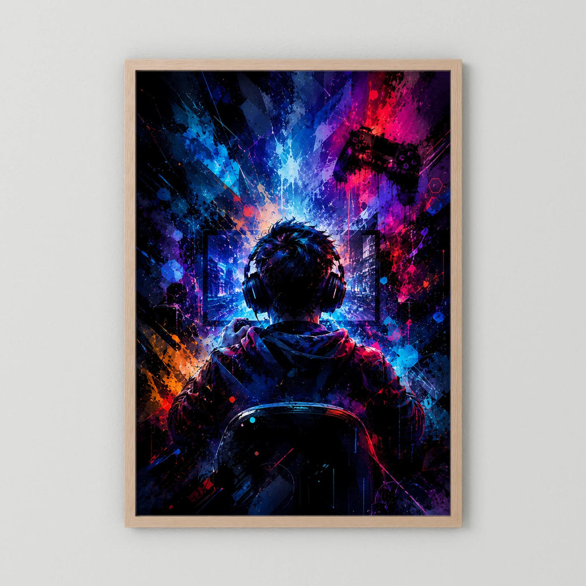 Poster im Hochformat mit hellem Holzrahmen, Gamer mit Headset im Neon-Mix