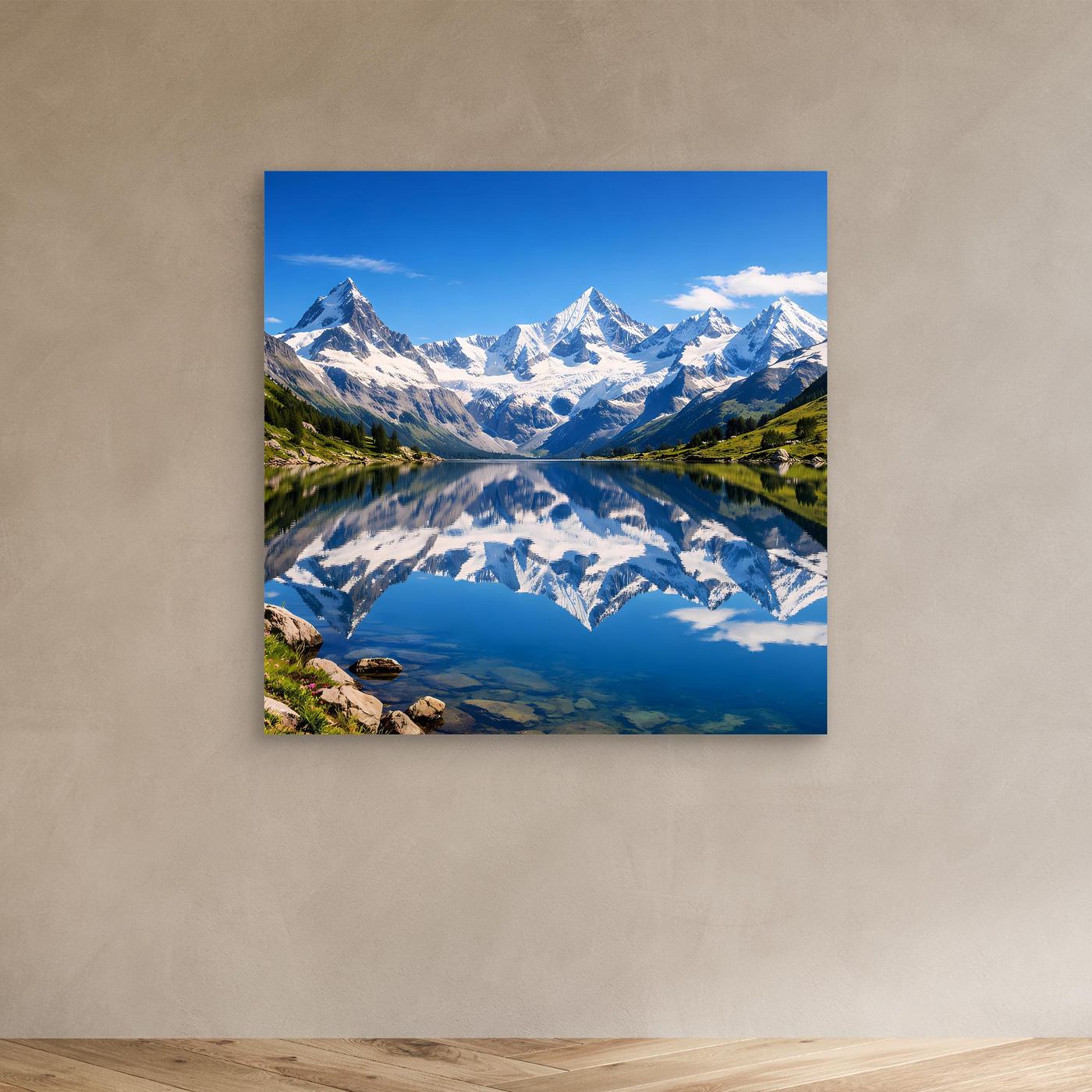 Leinwandbild mit Bergsee und Alpen, Spiegelung im Wasser, ohne Rahmen
