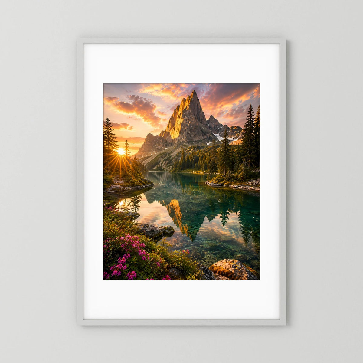 Poster im Hochformat mit Bergsee bei Sonnenuntergang im weißen Rahmen mit weißem Passepartout