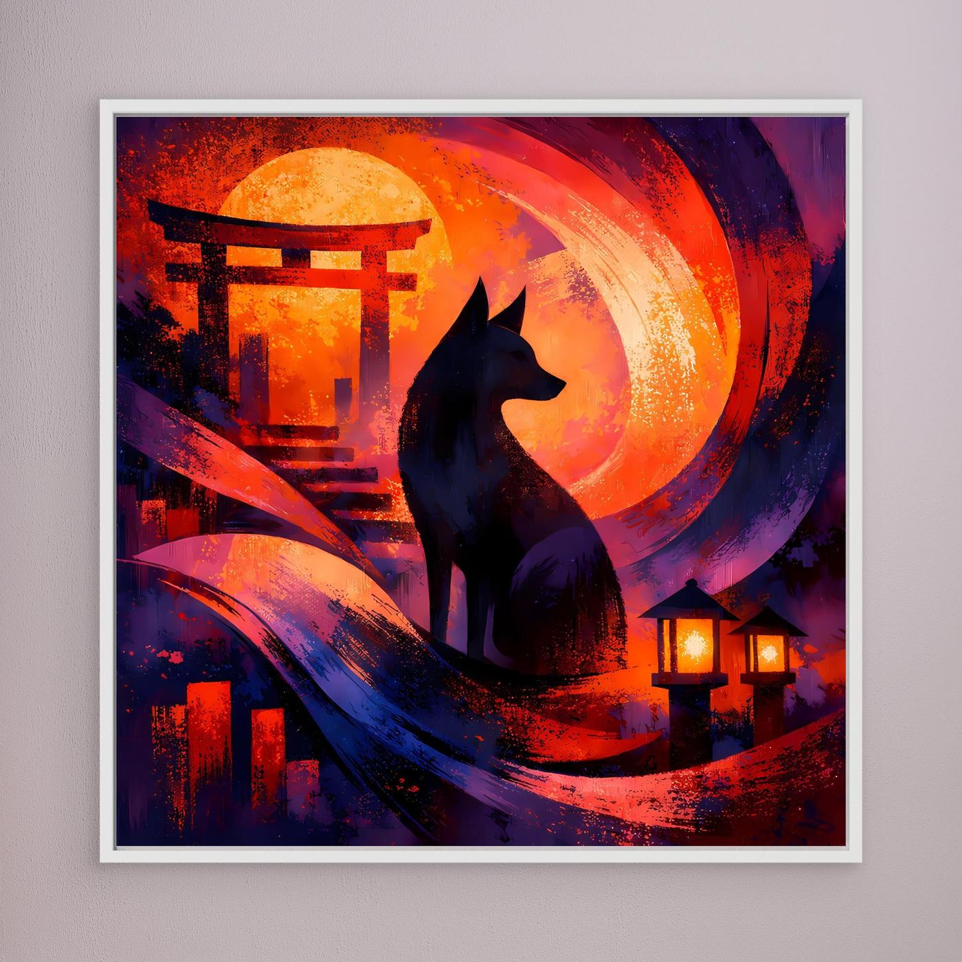 Abstraktes Leinwandbild mit dunkler Fuchsfigur, Torii-Tor und leuchtenden Lichtern, weißer Rahmen