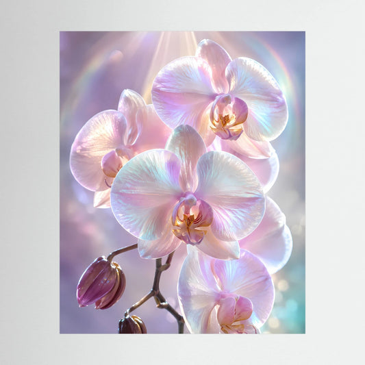 Kunstposter mit schimmernden Orchideenblüten in zartem Rosa und Perlmutt, Hochformat