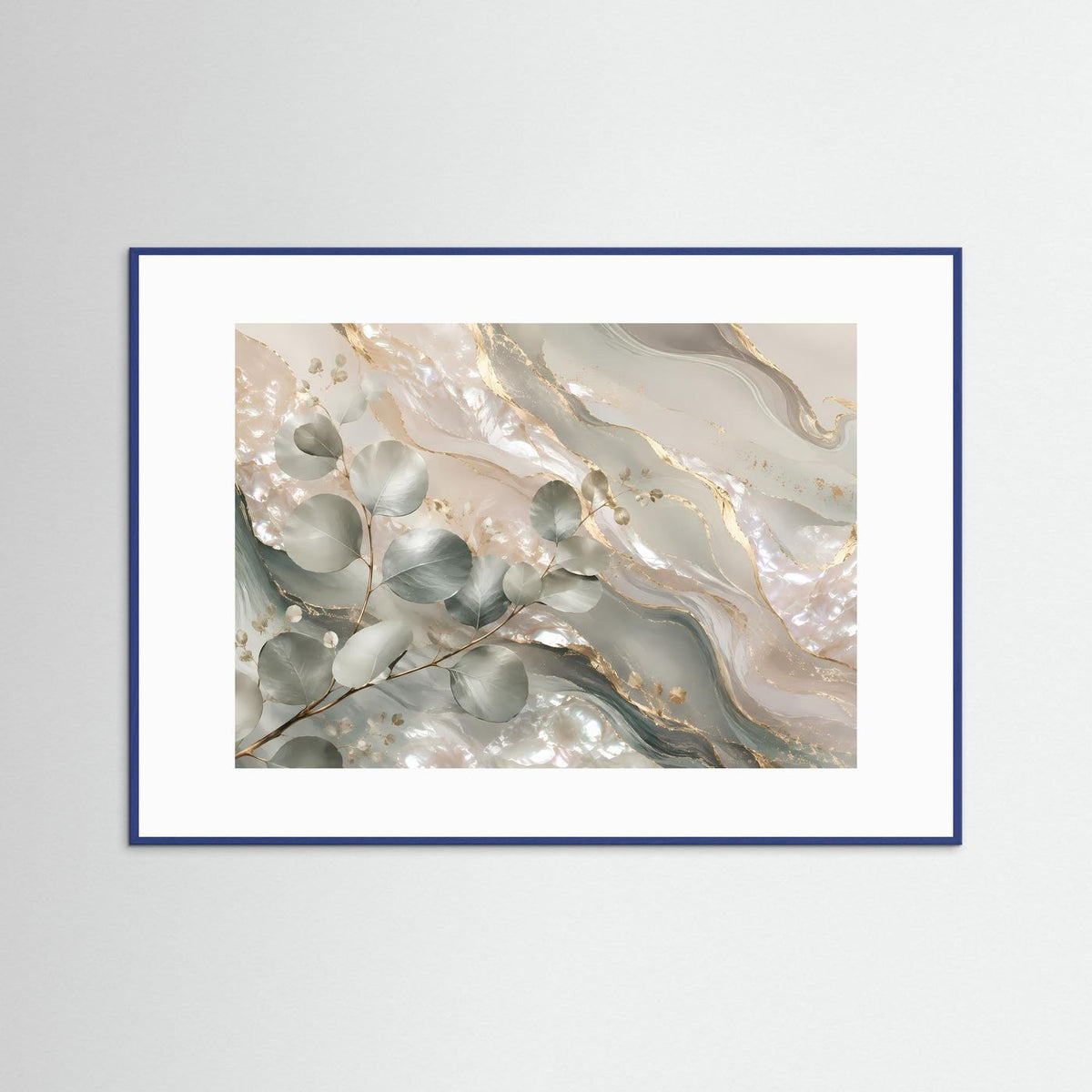 Eukalyptus-Botanisches Poster (Querformat) mit Creme, Salbeigrün und Goldlinien; blauer Rahmen