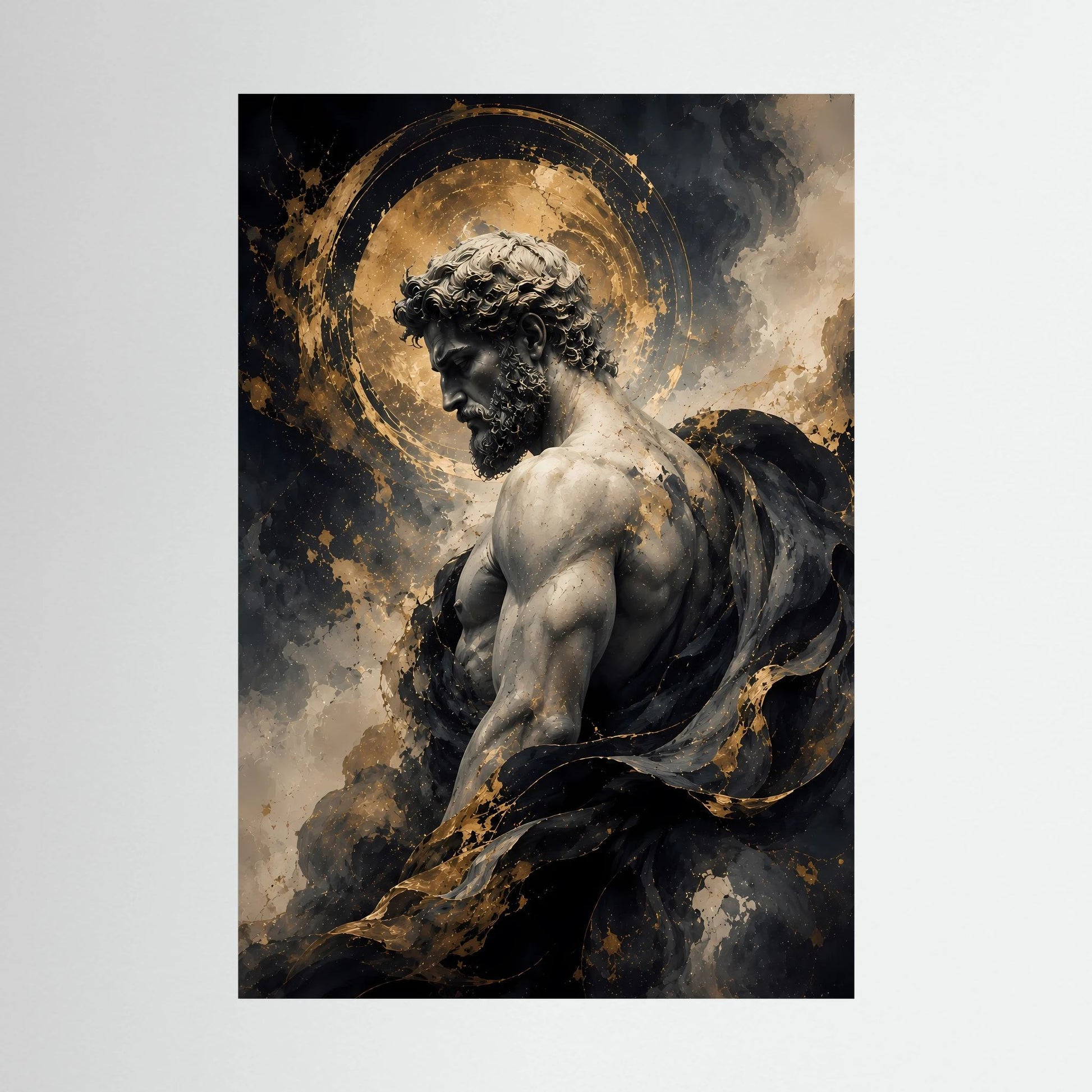 Kunstposter im Hochformat mit Männerstatue im Profil, Schwarz-Gold und goldenem Heiligenschein