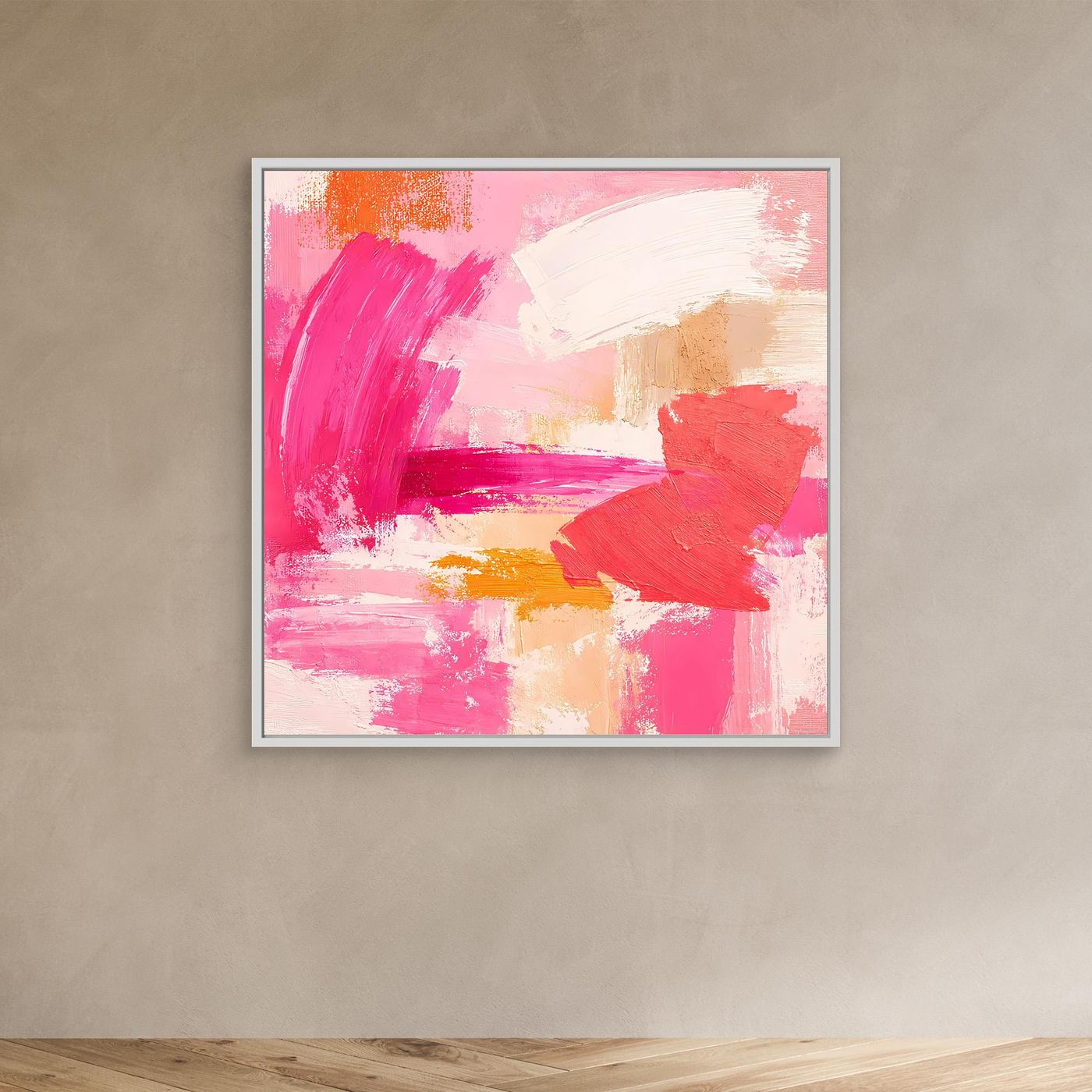 Leinwand-Wandbild abstrakt in Rosa mit Pinselspuren in Rot und Beige, mit hellem Rahmen