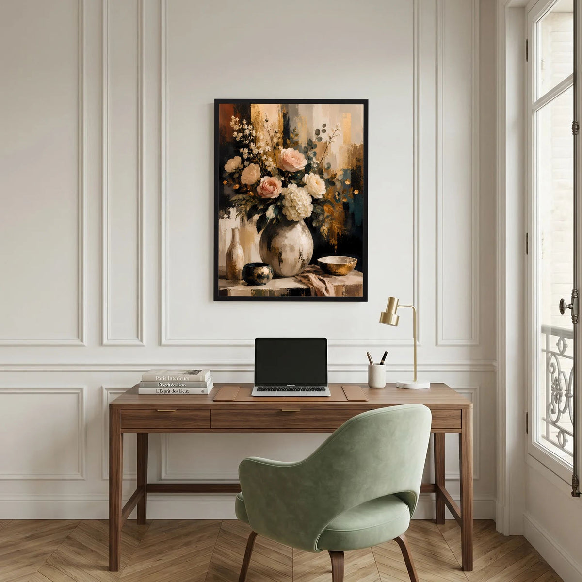Blumenstillleben-Poster im Hochformat: Blumen in Vase, im schwarzen Rahmen
