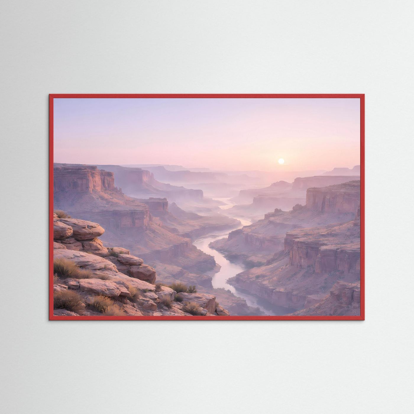 Canyon-Wandbild im roten Rahmen, Panoramaansicht mit Schlucht und Sonnenaufgang