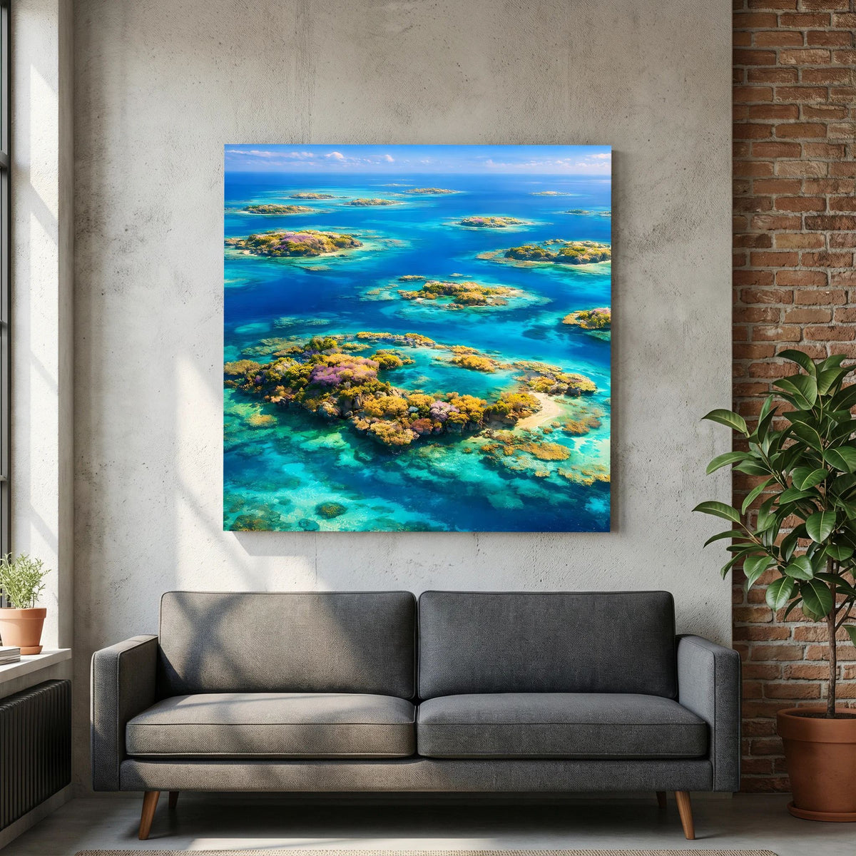 Wandbild mit türkisblauem Atoll auf Holzkeilrahmen, Inseln mit Korallenriffen im Meerblick