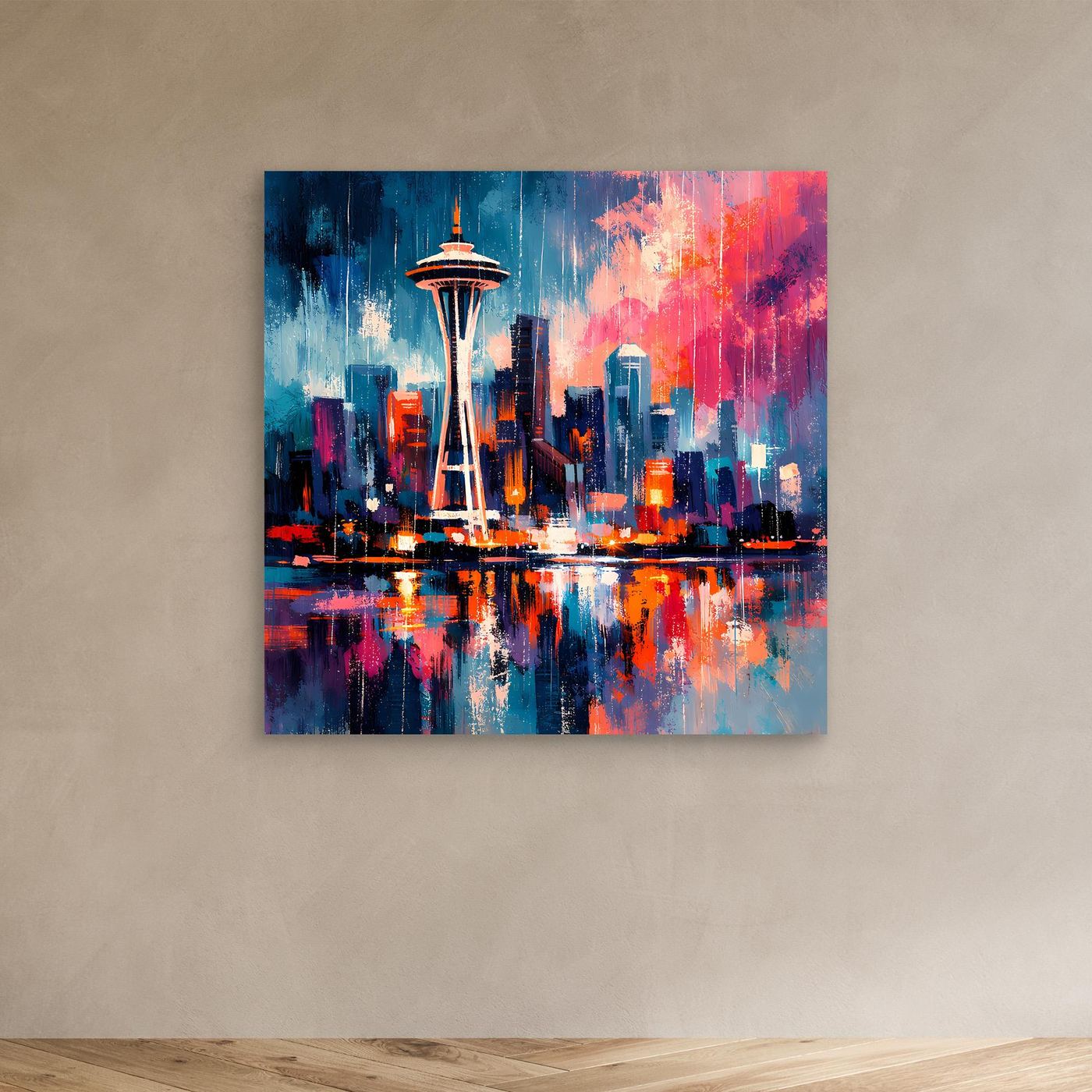 Wandbild Space Needle mit farbiger Skyline-Reflexion, abstrakte Nachtstimmung