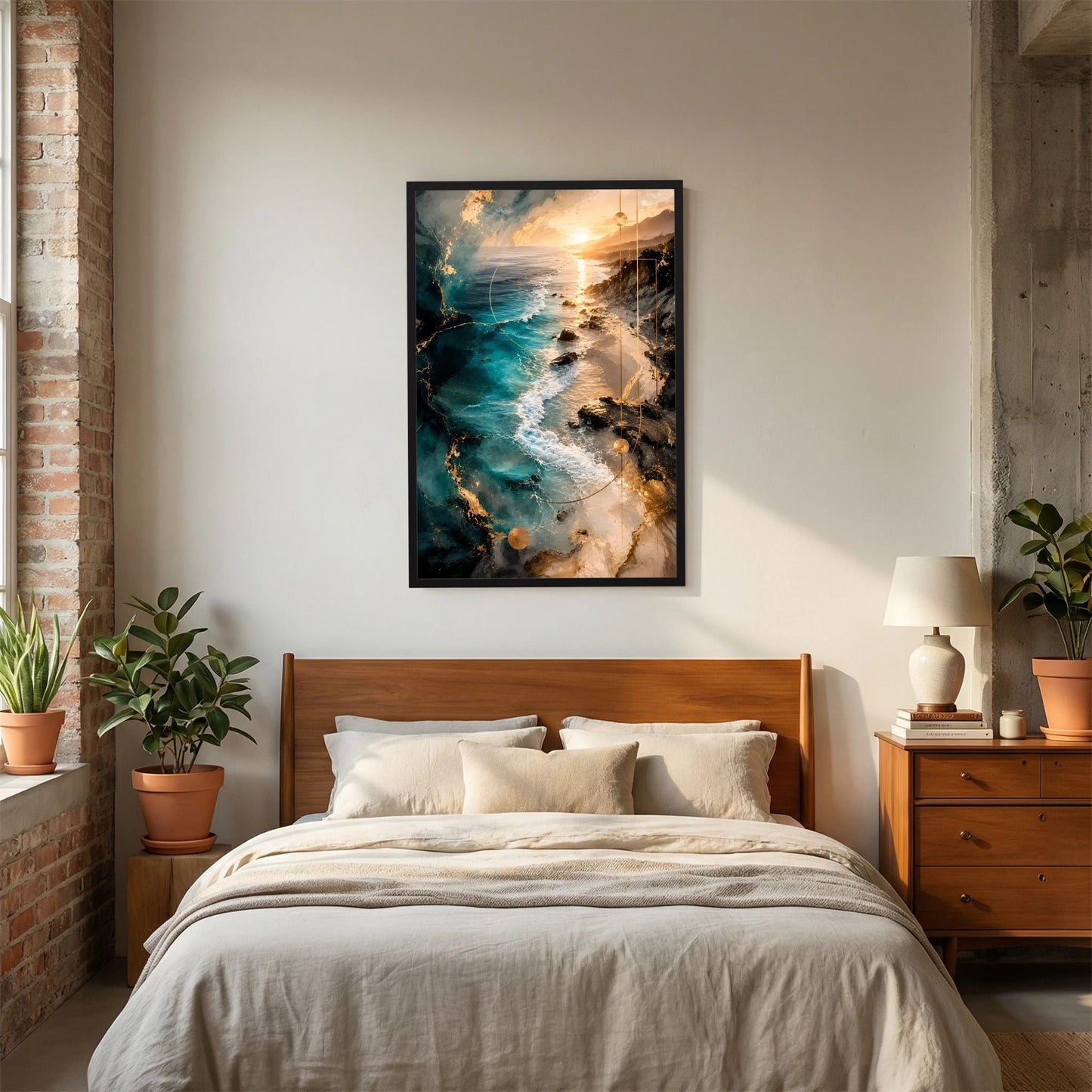 Gerahmtes Hochformat-Poster der abstrakten Meereslandschaft in Türkis und Goldtönen