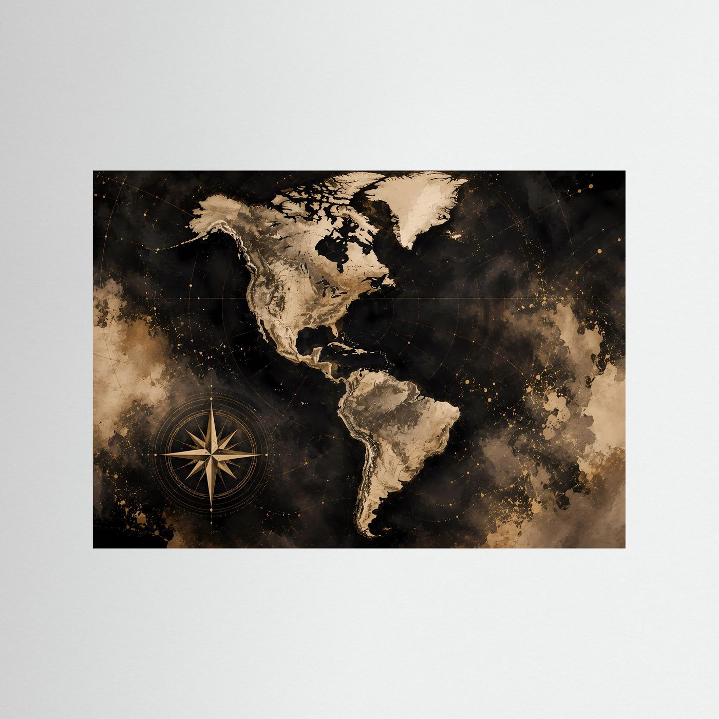 Poster mit Weltkarte Amerika in Schwarz und Gold, mit Kompassrose, Querformat.