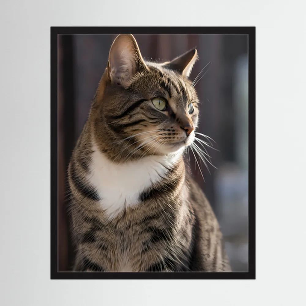 Gerahmtes Poster mit Porträt einer getigerten Katze, grüne Augen, seitlicher Blick