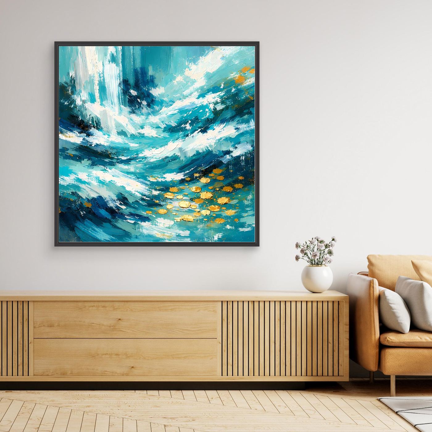 Abstraktes Leinwand-Wandbild mit Meerwellen in Türkis, Goldakzenten, schwarzer Rahmen
