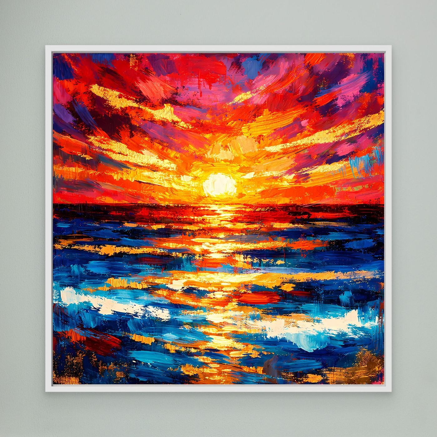 Leinwandbild mit abstrahiertem Sonnenuntergang über dem Meer, farbige Pinselstruktur, weißer Rahmen.
