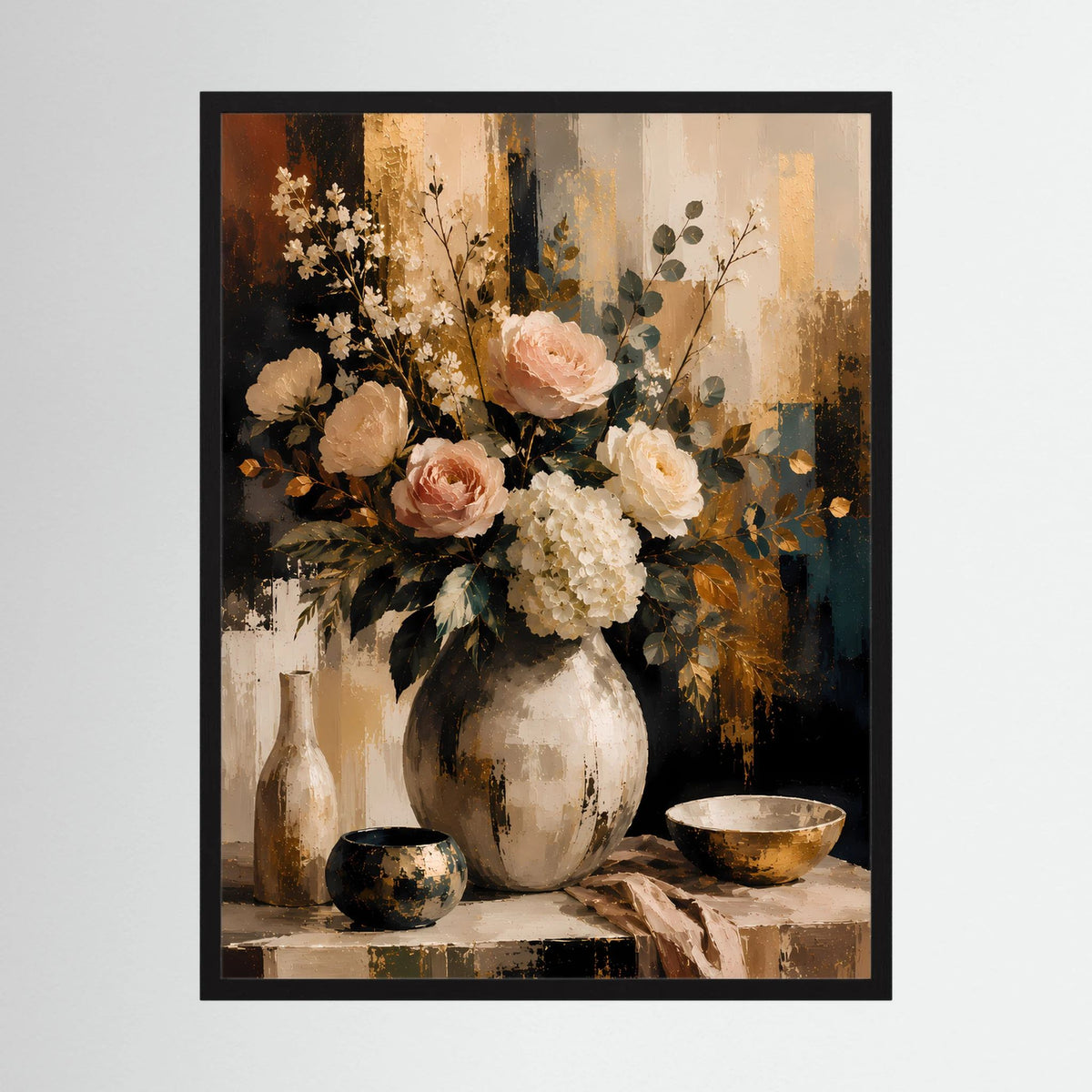 Blumenstillleben-Poster im Hochformat: Vase mit Rosenblüten, schwarze Umrandung