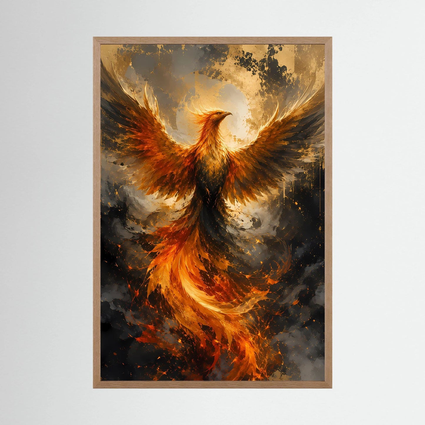 Hochformatiges Poster mit Phönix in Flammen, gold-orange Flügel im hellem Holzrahmen