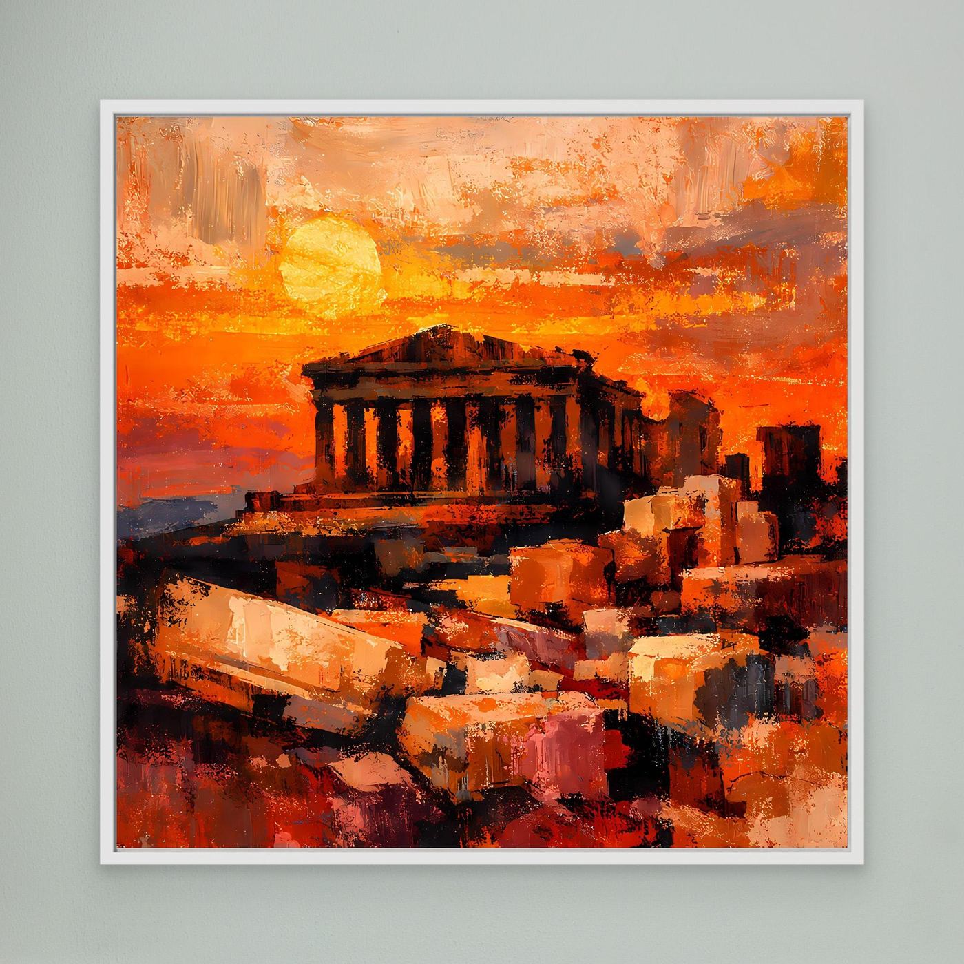 Leinwand-Wandbild mit abstrakter Akropolis-Silhouette in Orange- und Rottönen, weißer Rahmen