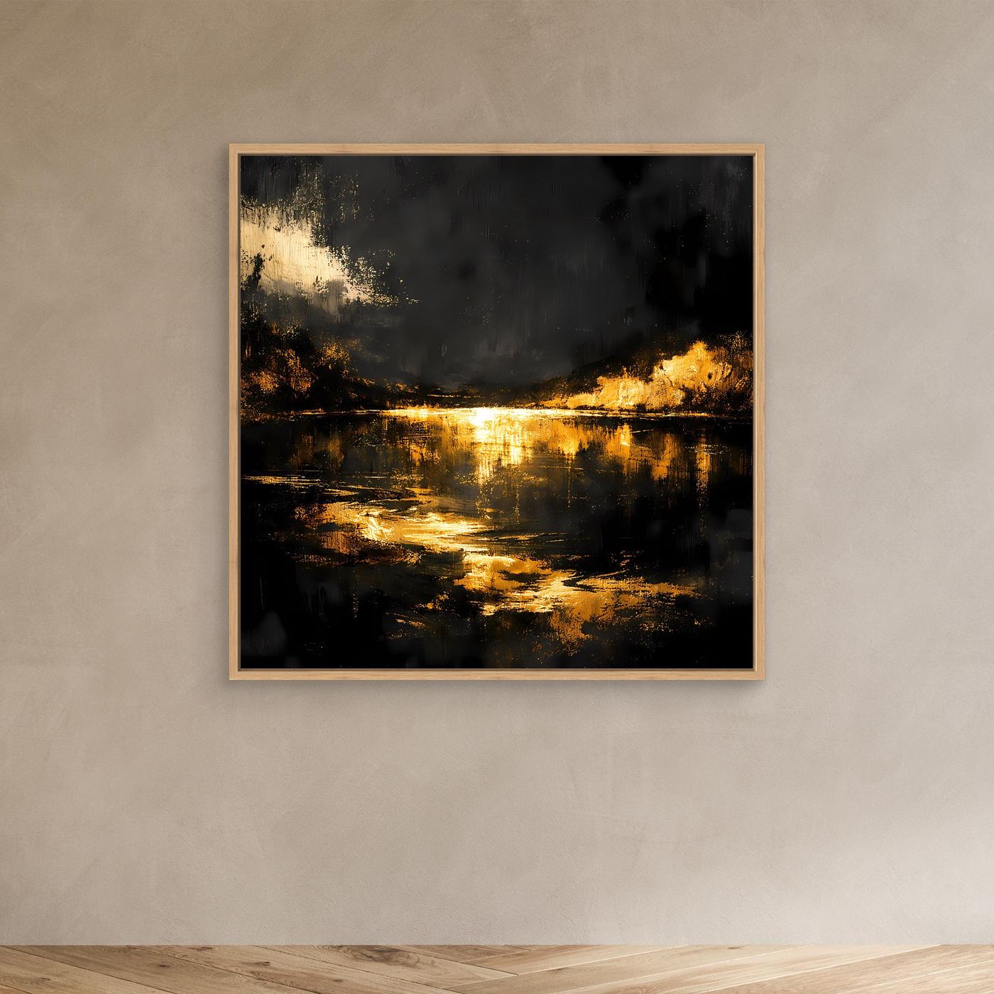 Leinwand Goldene Flusslandschaft bei Nacht | Abstraktes Natur Wandbild Moderne Kunst