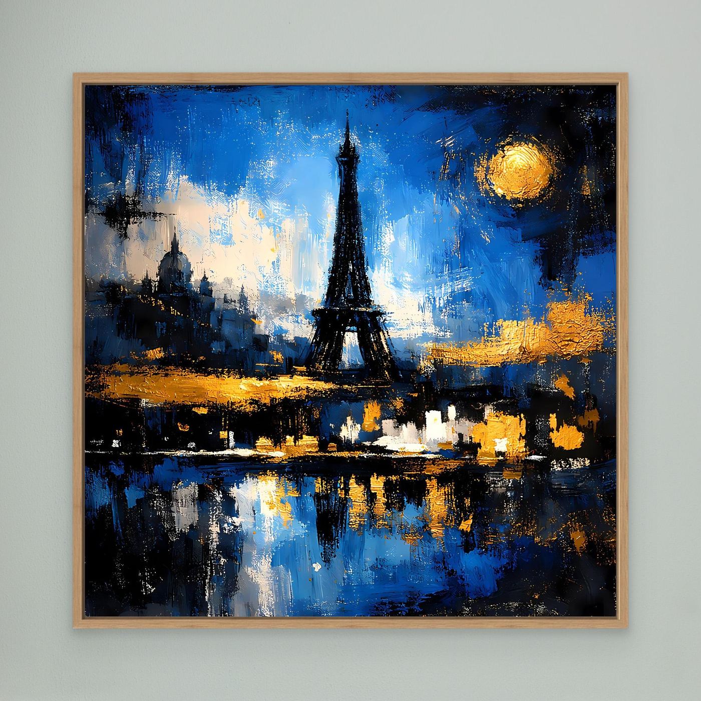 Abstraktes Wandbild mit Eichenrahmen: Eiffelturm bei Nacht, gelber Mond, blaue Reflexion im Wasser