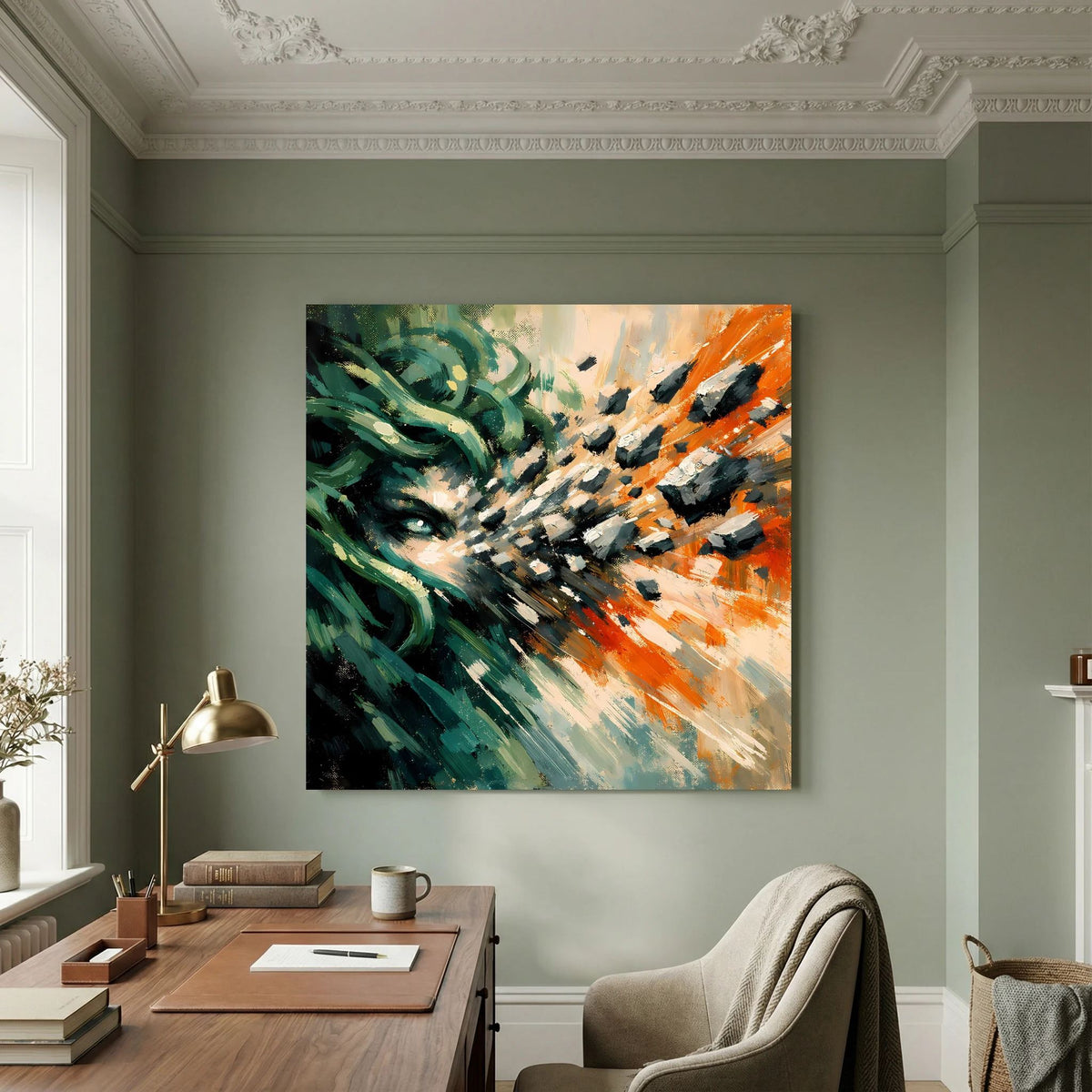 Abstraktes Leinwandbild mit Medusa-Motiv, grünem und orangefarbenem Pinselstrich, im Wohnzimmer