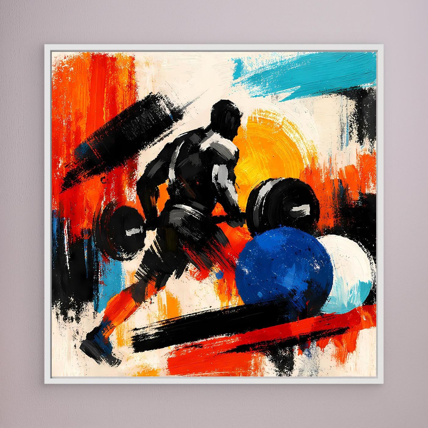 White-framed canvas wall art with an abstract bodybuilder lifting weights in red, blue, black.