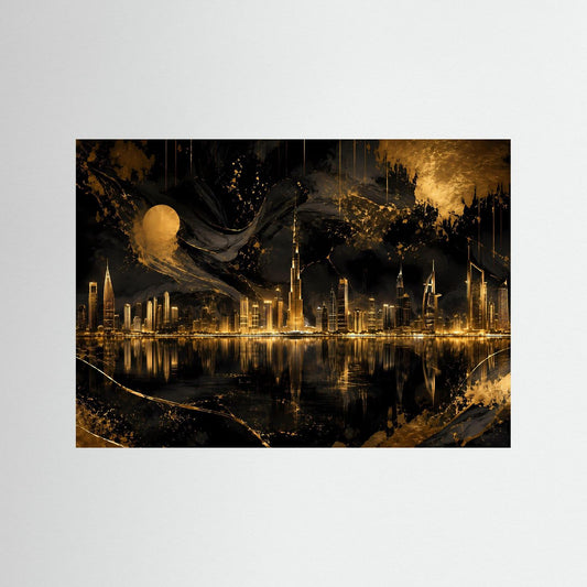 Querformatiges Poster mit abstrakter Skyline bei Nacht in Schwarz und Gold