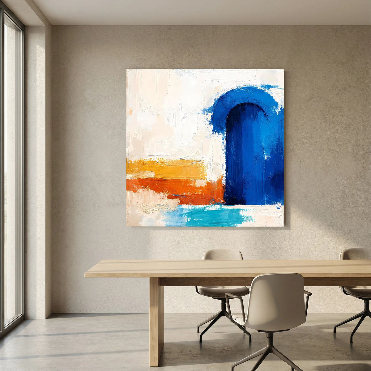 Weiß gerahmtes Leinwandbild mit blauem Torbogen und orangefarbenen, verwischten Farbstreifen